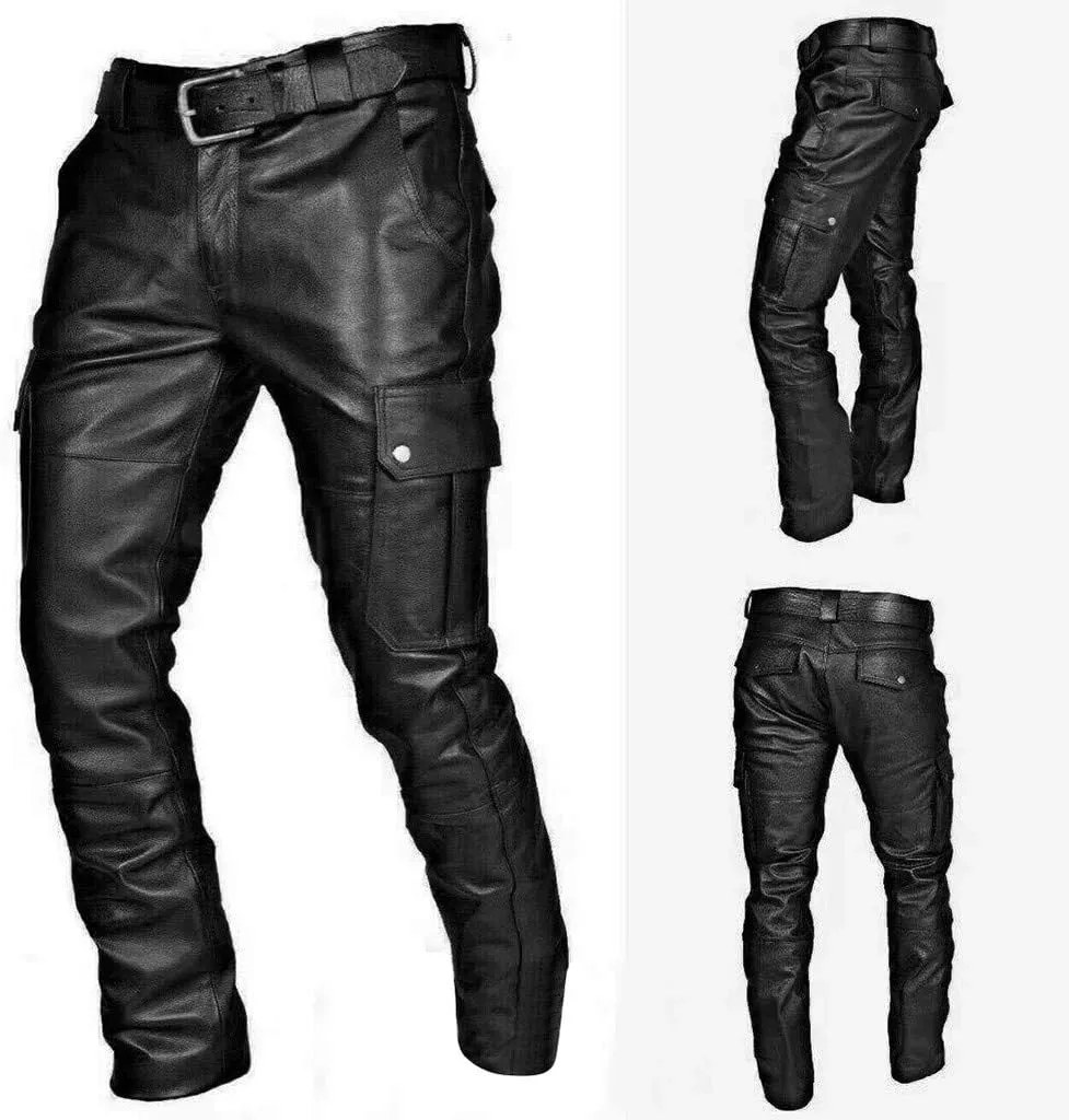 Leather Pants for Men Slim Fit Retro Punk Gothic Motorcycle Pants Lightweight Plus Size Comfy Athletic Casual Trousers