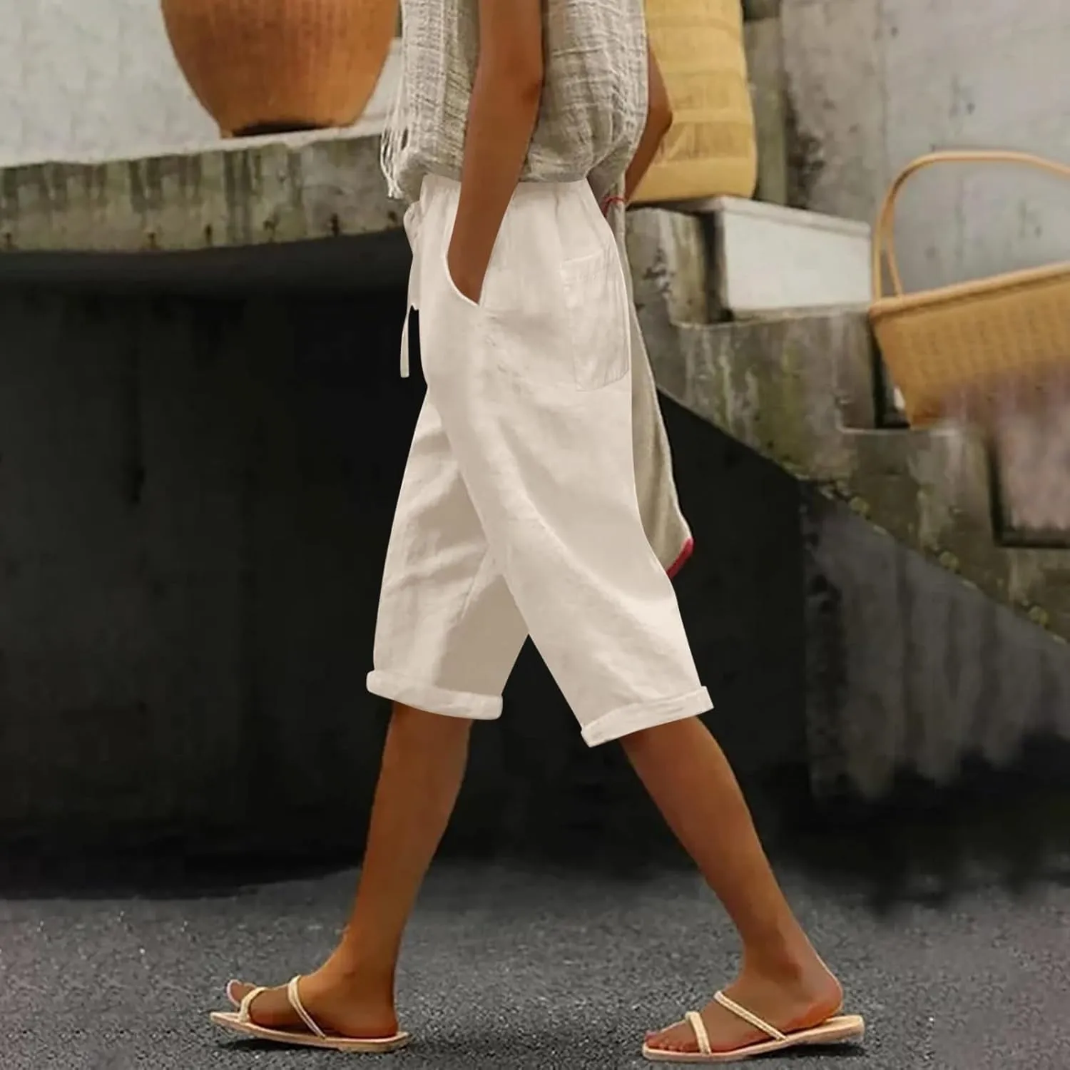 Linen Capri Pants for Women 2025 Ladies Loose Drawstring Casual Solid Color Petite Summer Beachwear Lightweight