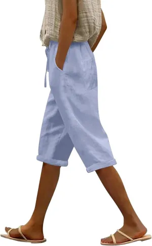 Linen Capri Pants for Women 2025 Ladies Loose Drawstring Casual Solid Color Petite Summer Beachwear Lightweight