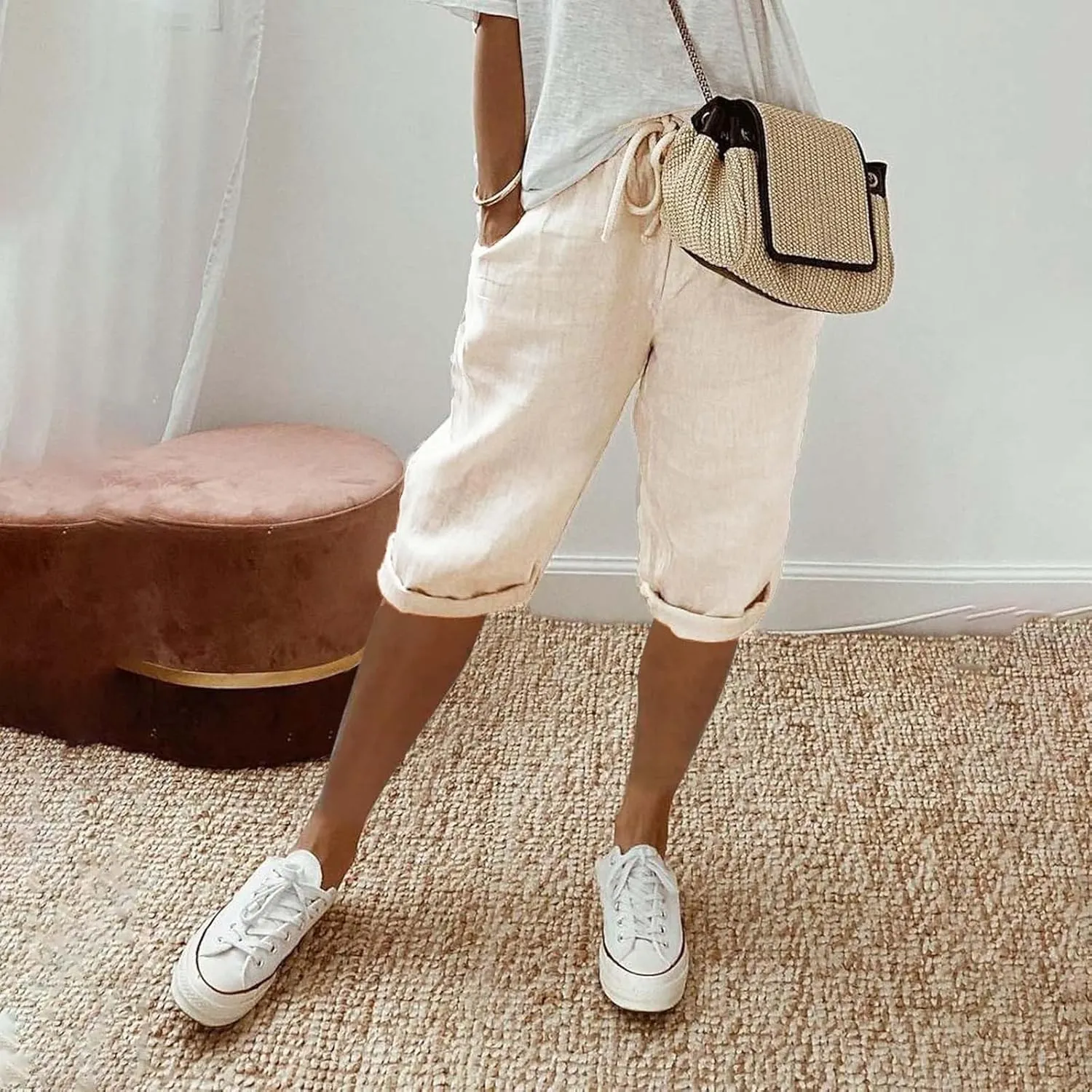 Linen Capri Pants for Women 2025 Ladies Loose Drawstring Casual Solid Color Petite Summer Beachwear Lightweight