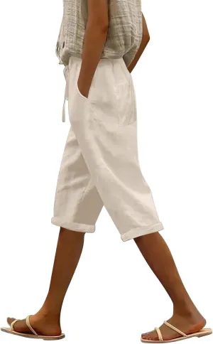 Linen Capri Pants for Women 2025 Ladies Loose Drawstring Casual Solid Color Petite Summer Beachwear Lightweight