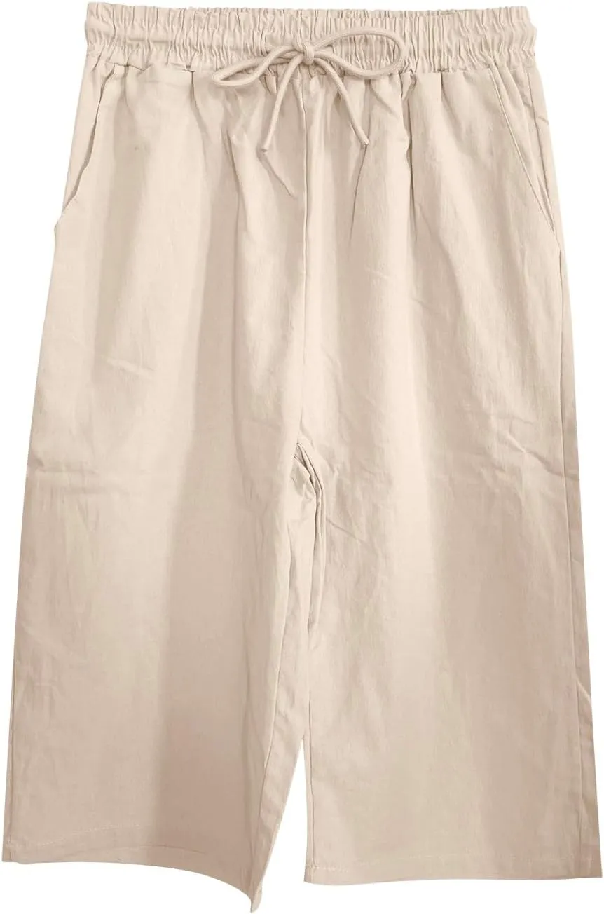 Linen Capri Pants for Women 2025 Ladies Loose Drawstring Casual Solid Color Petite Summer Beachwear Lightweight