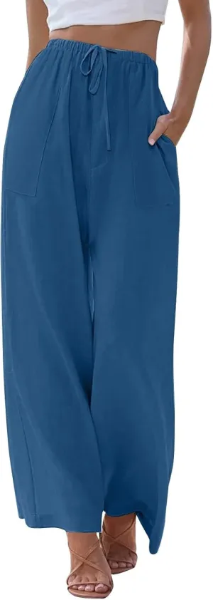 Linen Pants Women Drawstring High Waist Wide Leg Pants Long Palazzo Beach Pant with Pockets Casual Travel Vacation Outfits