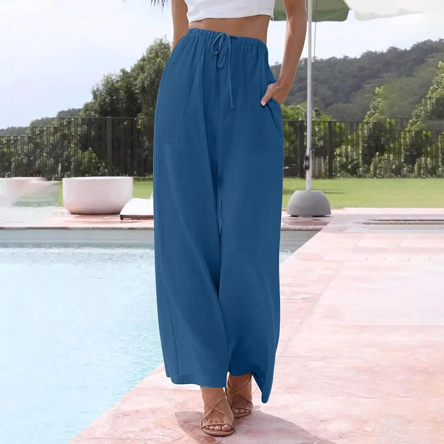 Linen Pants Women Drawstring High Waist Wide Leg Pants Long Palazzo Beach Pant with Pockets Casual Travel Vacation Outfits
