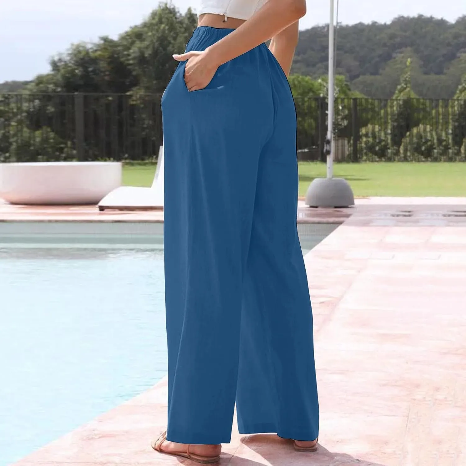 Linen Pants Women Drawstring High Waist Wide Leg Pants Long Palazzo Beach Pant with Pockets Casual Travel Vacation Outfits