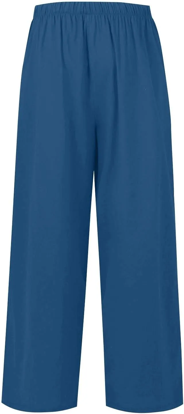 Linen Pants Women Drawstring High Waist Wide Leg Pants Long Palazzo Beach Pant with Pockets Casual Travel Vacation Outfits