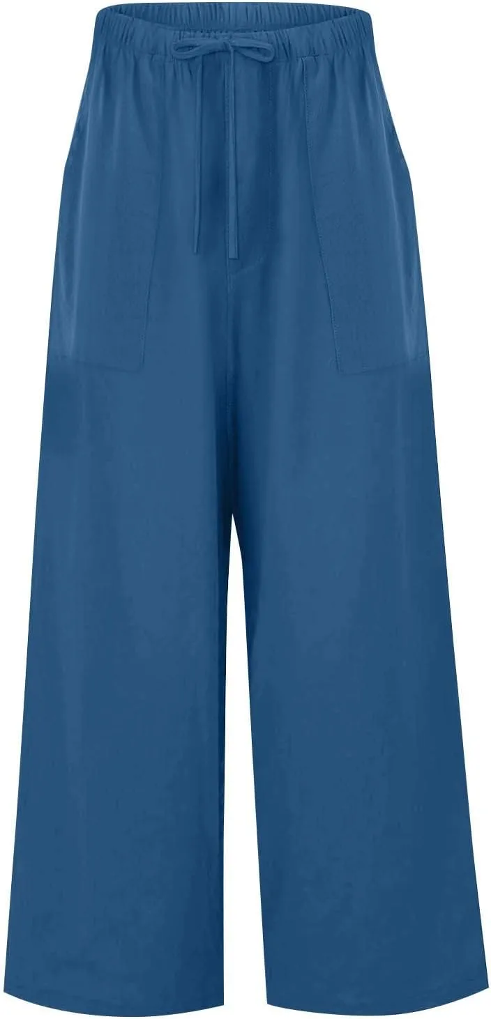 Linen Pants Women Drawstring High Waist Wide Leg Pants Long Palazzo Beach Pant with Pockets Casual Travel Vacation Outfits