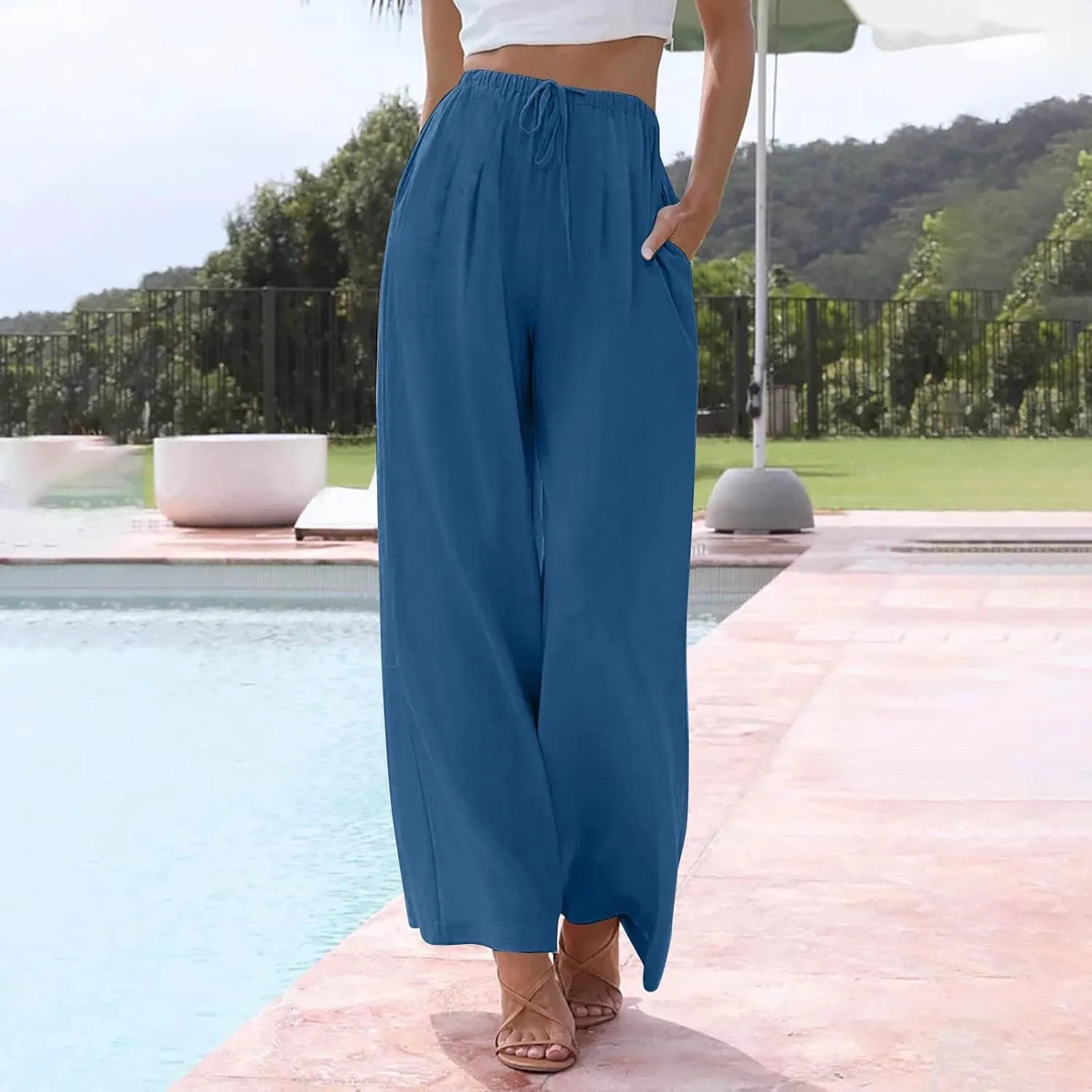 Linen Pants Women Drawstring High Waist Wide Leg Pants Long Palazzo Gauze Pant with Pockets Beach Travel Vacation Outfits