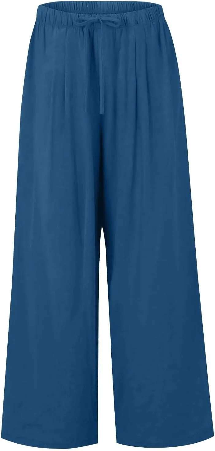 Linen Pants Women Drawstring High Waist Wide Leg Pants Long Palazzo Gauze Pant with Pockets Beach Travel Vacation Outfits