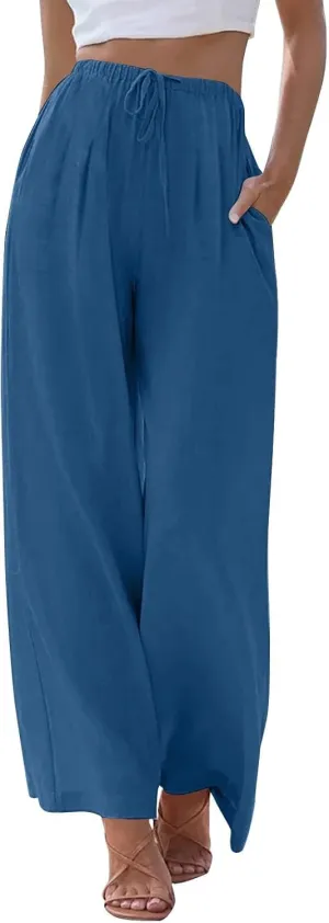 Linen Pants Women Drawstring High Waist Wide Leg Pants Long Palazzo Gauze Pant with Pockets Beach Travel Vacation Outfits