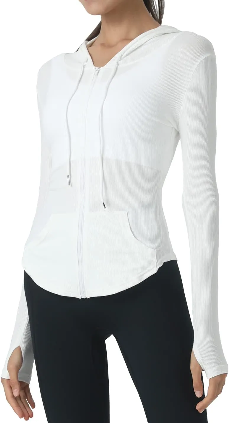 Locachy Womens Slim Fit Full Zip Hoodie Athletic Jacket Yoga Workout Running Jackets with Thumb Holes
