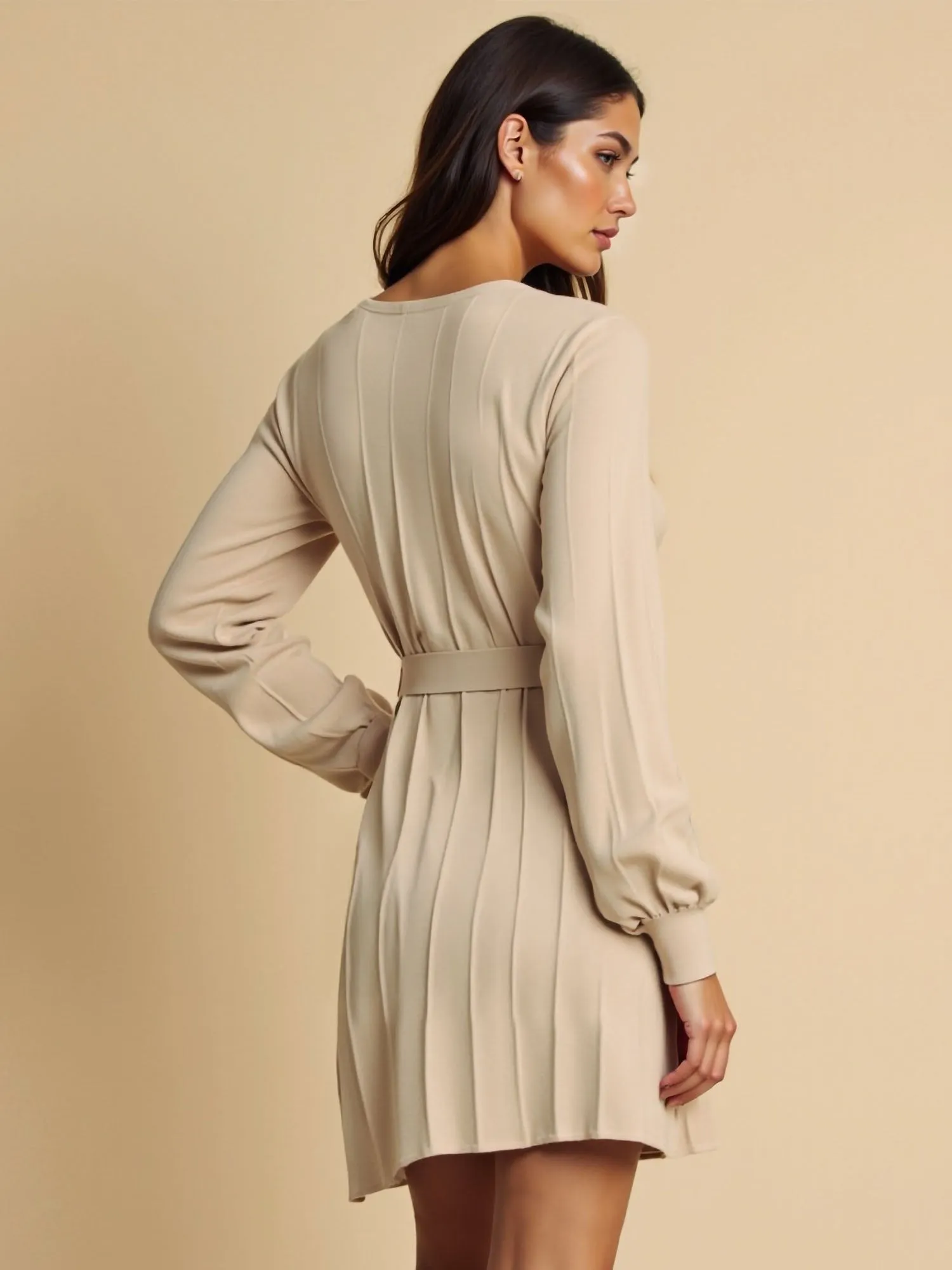 Long Sleeve Tie Front Pleated Botttom Sweater Dress