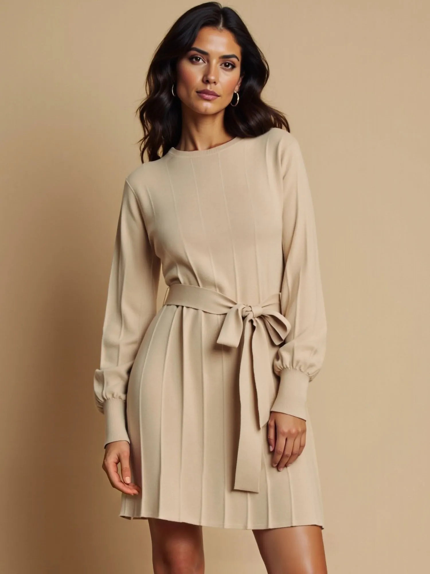Long Sleeve Tie Front Pleated Botttom Sweater Dress