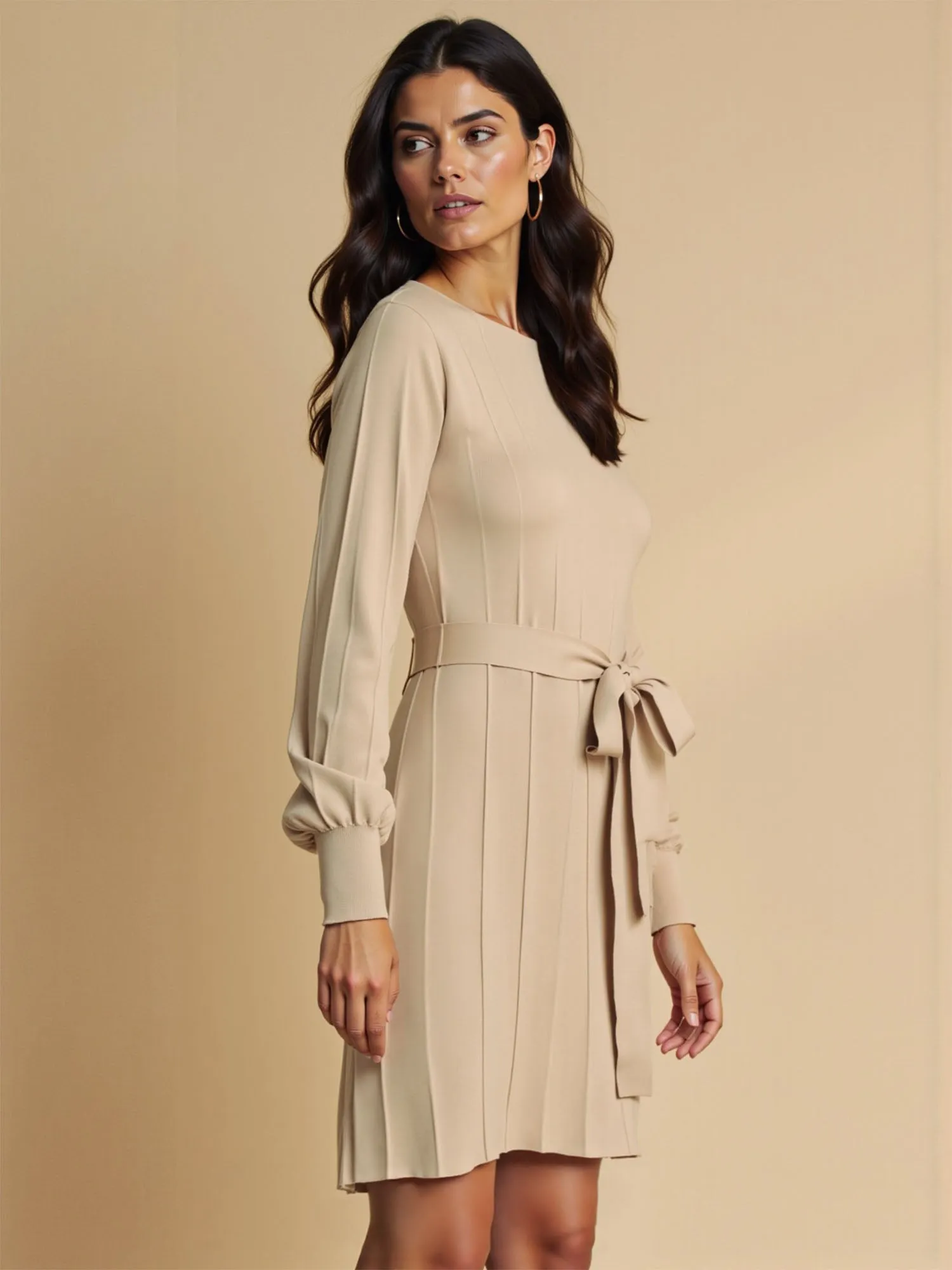 Long Sleeve Tie Front Pleated Botttom Sweater Dress
