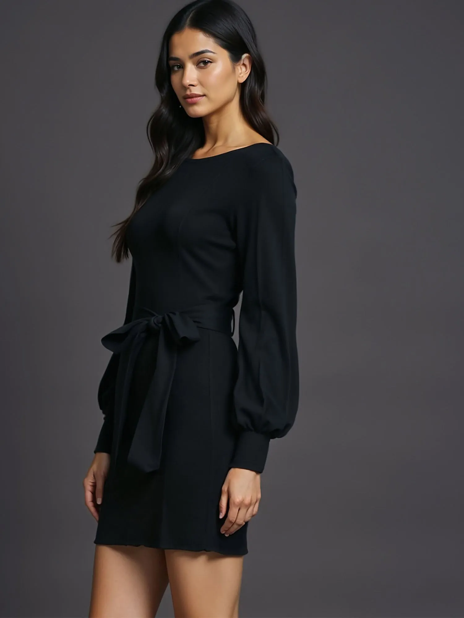 Long Sleeve Tie Front Pleated Botttom Sweater Dress