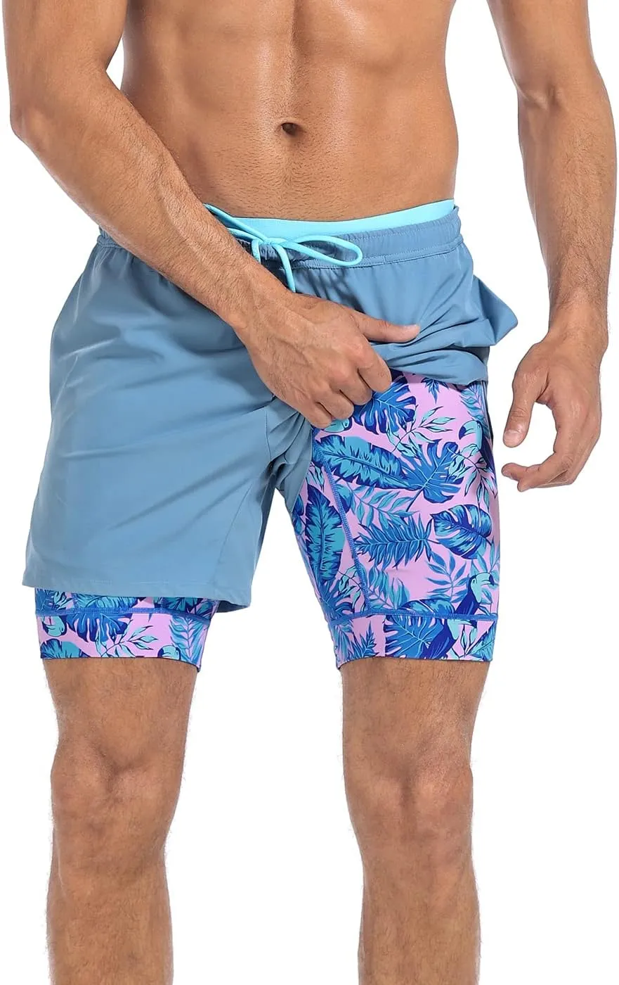 LRD Men's Athletic Gym Workout Shorts with Compression Liner 5 Inch Inseam