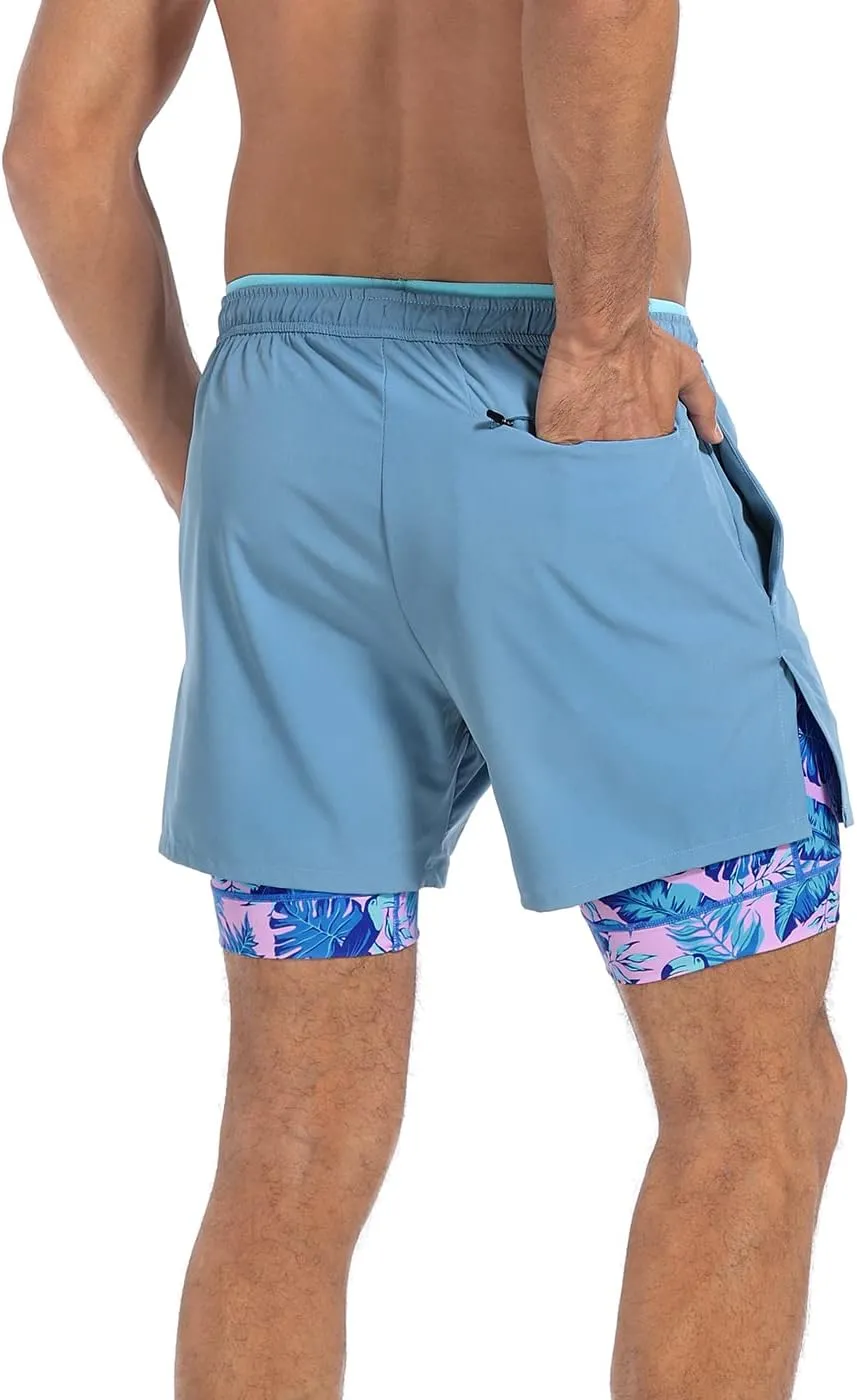LRD Men's Athletic Gym Workout Shorts with Compression Liner 5 Inch Inseam