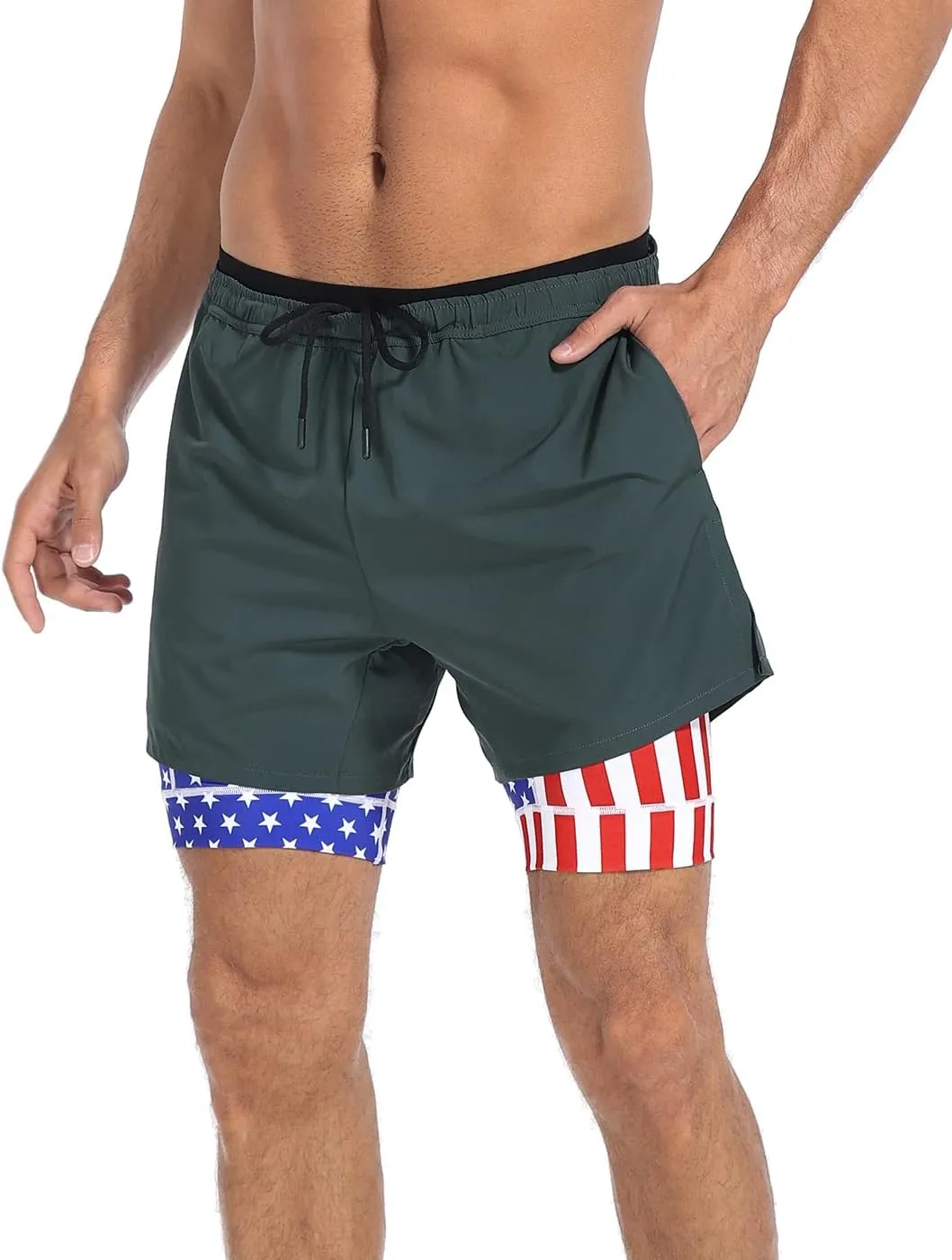 LRD Men's Athletic Gym Workout Shorts with Compression Liner 5 Inch Inseam