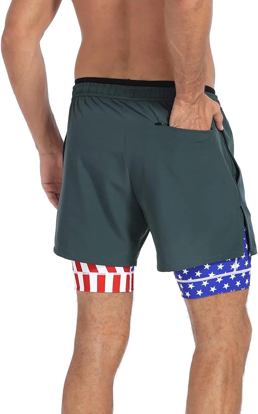 LRD Men's Athletic Gym Workout Shorts with Compression Liner 5 Inch Inseam