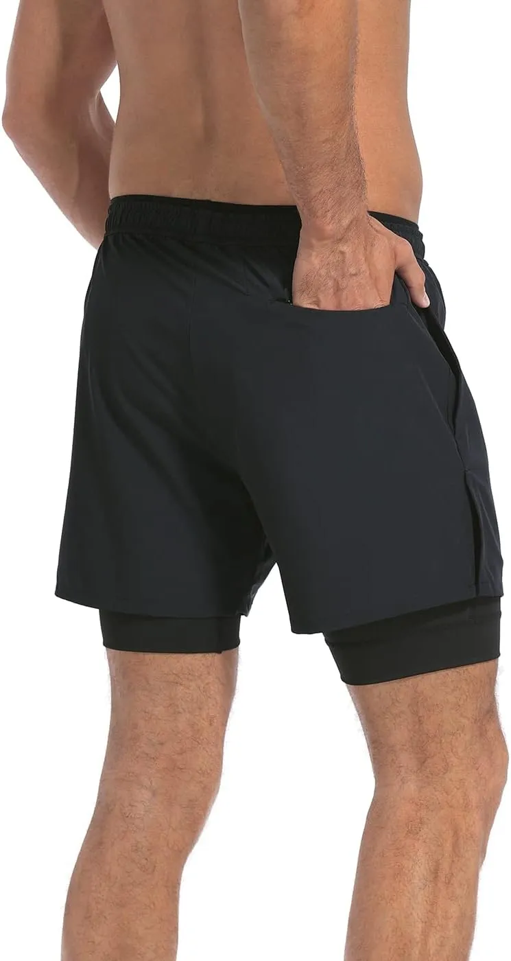 LRD Men's Athletic Gym Workout Shorts with Compression Liner 5 Inch Inseam
