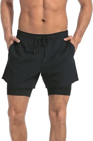 LRD Men's Athletic Gym Workout Shorts with Compression Liner 5 Inch Inseam