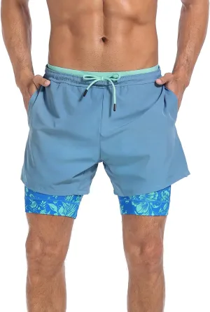 LRD Men's Athletic Gym Workout Shorts with Compression Liner 5 Inch Inseam