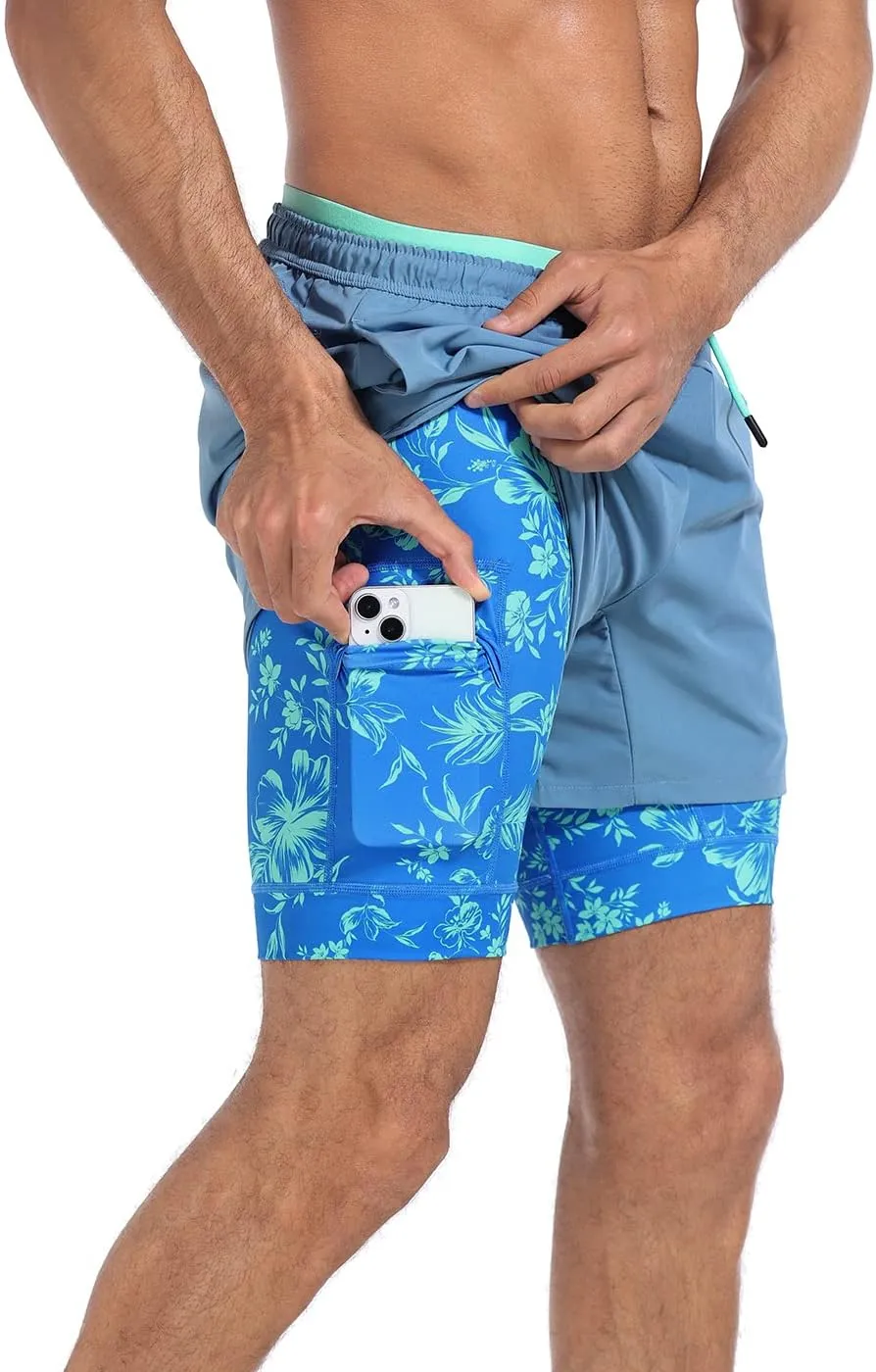 LRD Men's Athletic Gym Workout Shorts with Compression Liner 5 Inch Inseam
