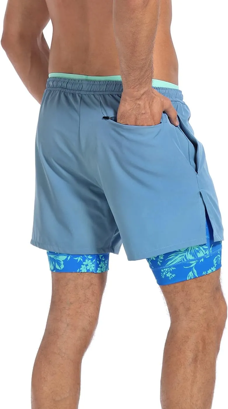LRD Men's Athletic Gym Workout Shorts with Compression Liner 5 Inch Inseam