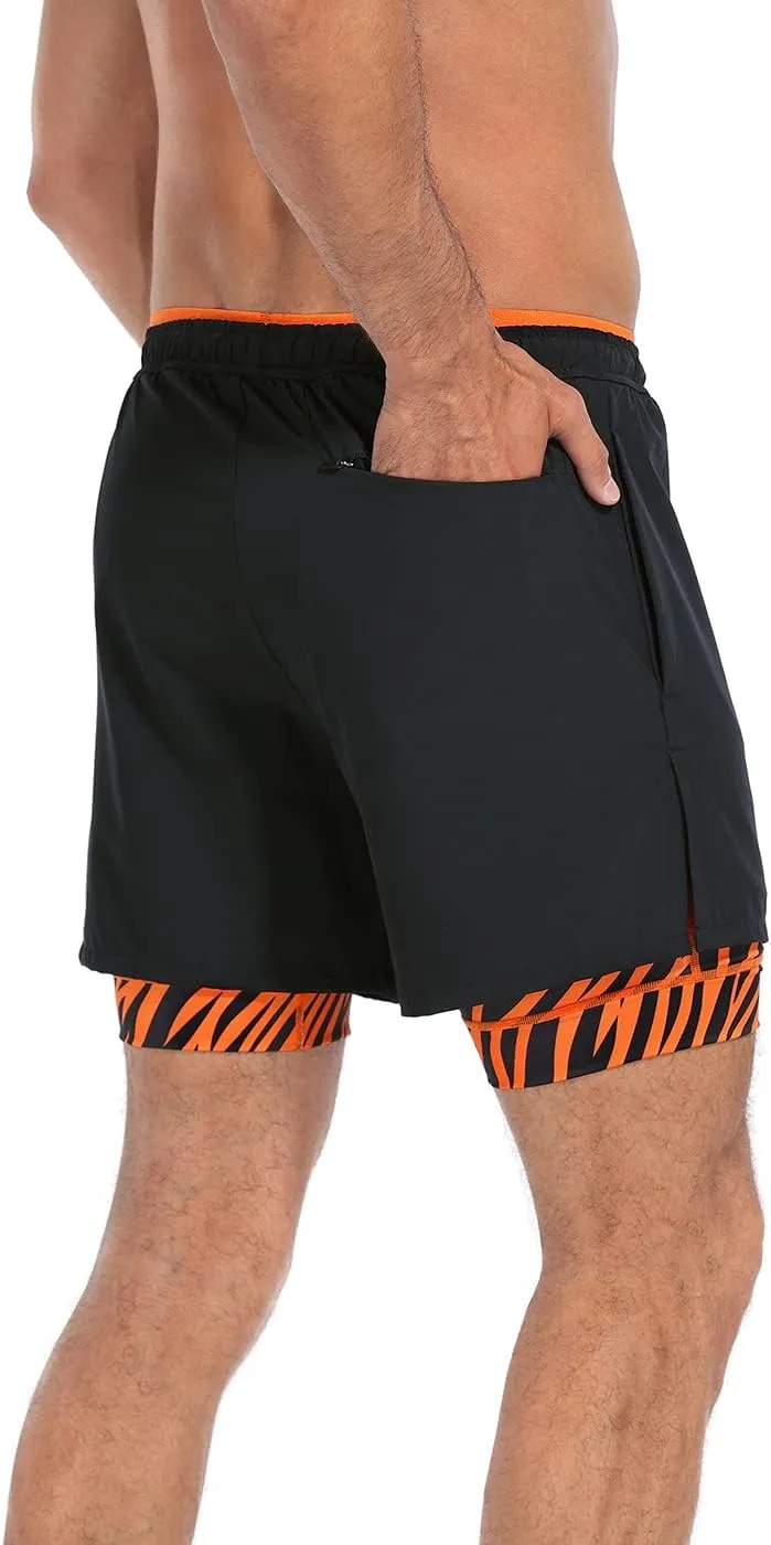 LRD Men's Athletic Gym Workout Shorts with Compression Liner 5 Inch Inseam