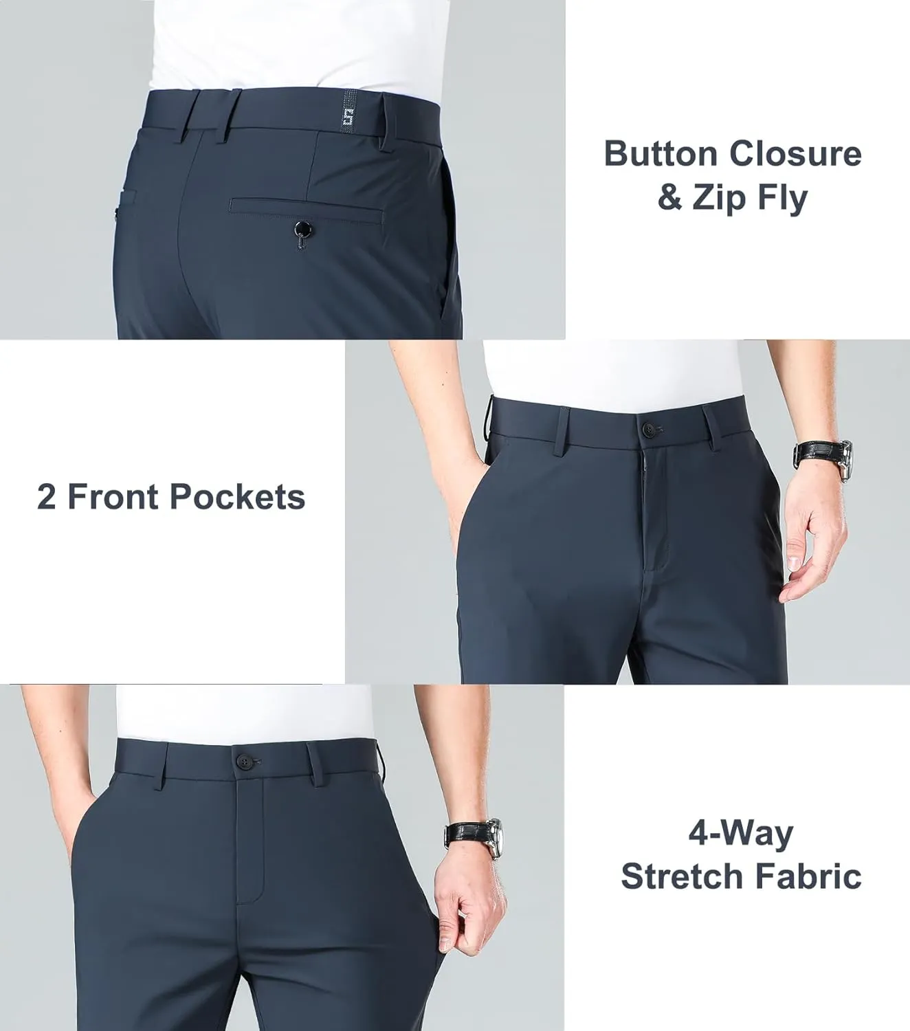 LUSHENUNI Men's Golf Pants Slim High Stretch, Ice Silk Dress Pants with Expandable-Waist Pants