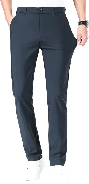 LUSHENUNI Men's Golf Pants Slim High Stretch, Ice Silk Dress Pants with Expandable-Waist Pants