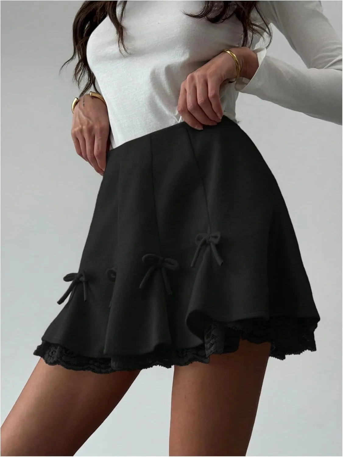 MakeMeChic Women's Bow Knot Tiered Layer Ruffle Mini Skirt Floral Lace A Line Short Skirts