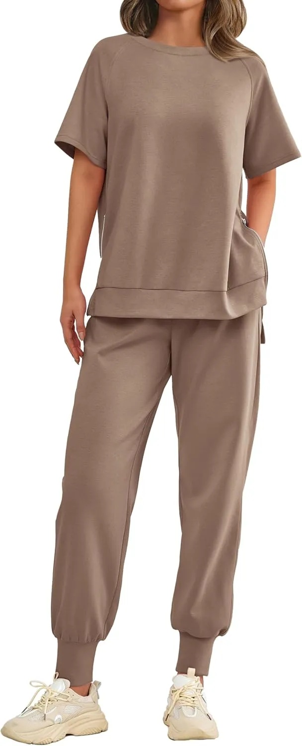 MASCOMODA 2 Piece Outfits for Women 2024 Summer Crewneck Short Sleeve Tops Long Sweatpant Casual Tracksuit Jogger Lounge Sets