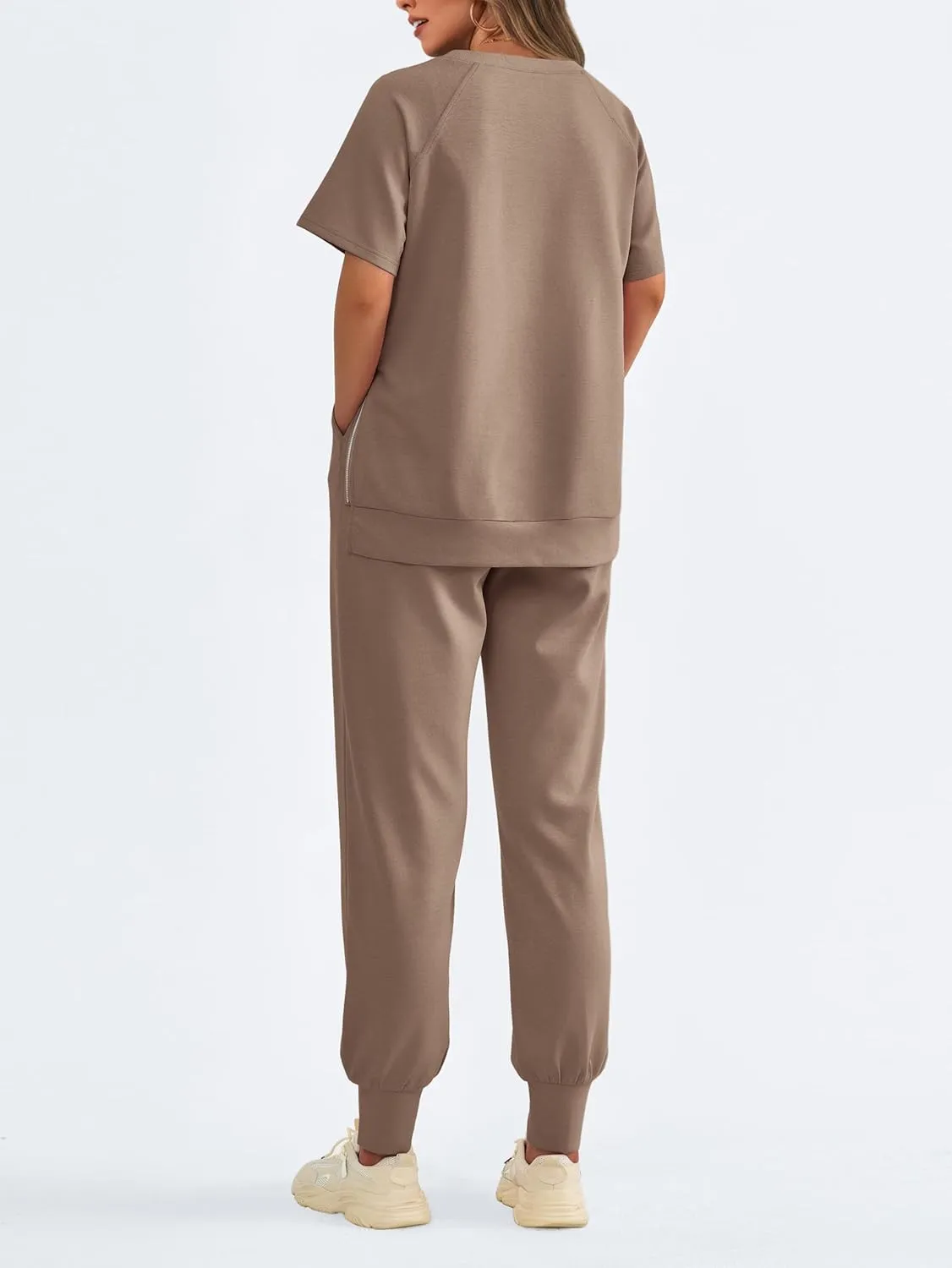 MASCOMODA 2 Piece Outfits for Women 2024 Summer Crewneck Short Sleeve Tops Long Sweatpant Casual Tracksuit Jogger Lounge Sets