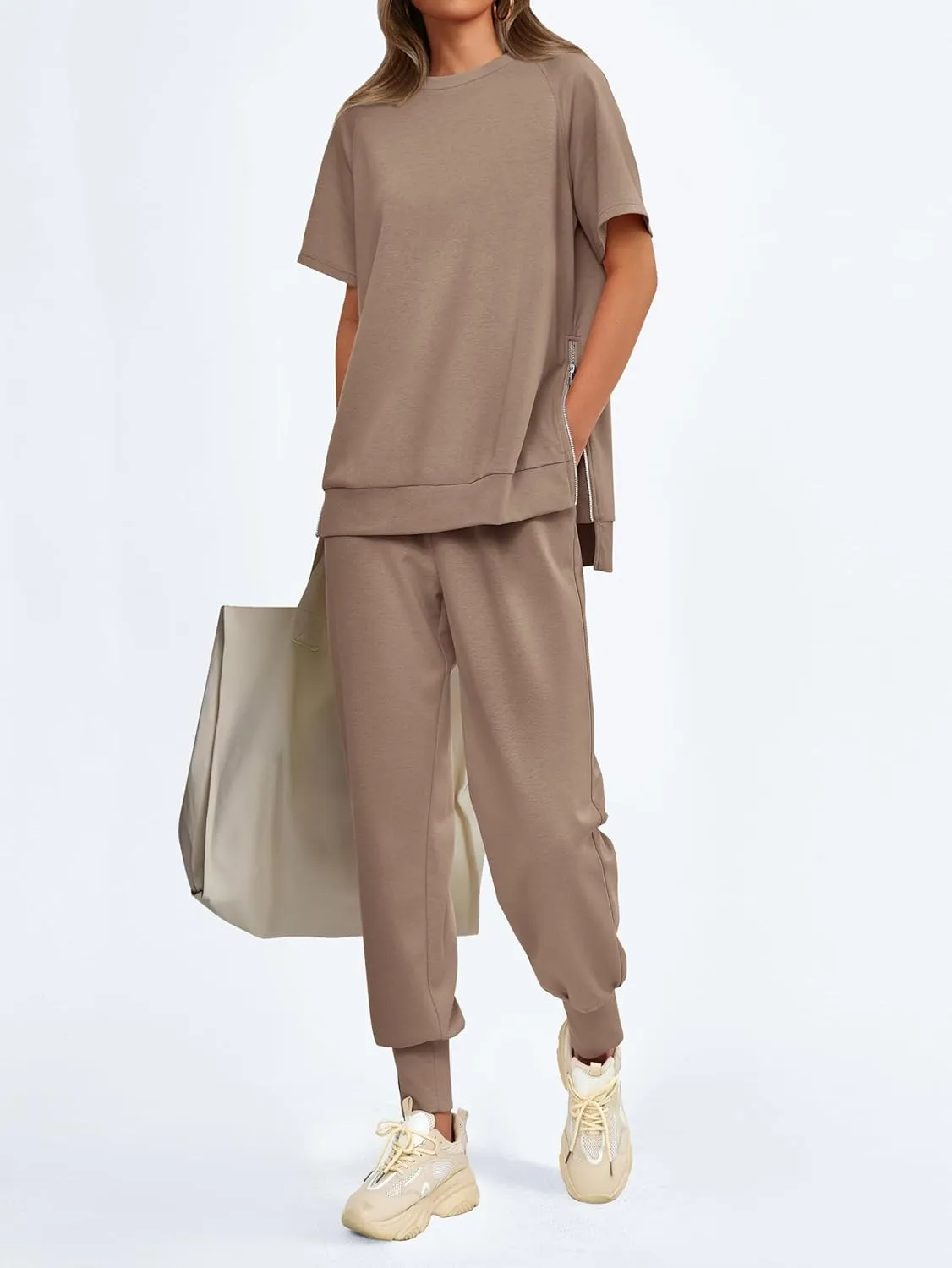 MASCOMODA 2 Piece Outfits for Women 2024 Summer Crewneck Short Sleeve Tops Long Sweatpant Casual Tracksuit Jogger Lounge Sets