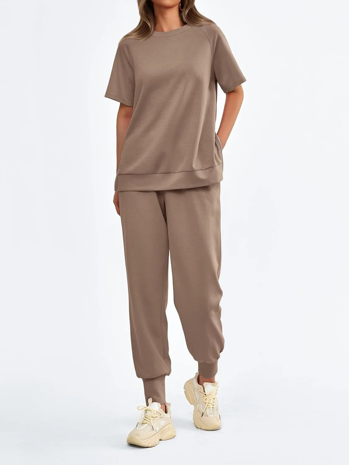 MASCOMODA 2 Piece Outfits for Women 2024 Summer Crewneck Short Sleeve Tops Long Sweatpant Casual Tracksuit Jogger Lounge Sets