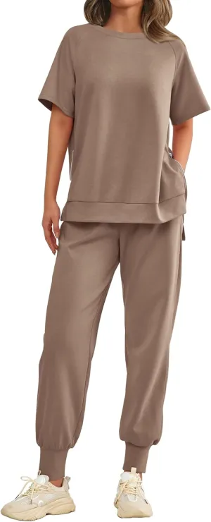 MASCOMODA 2 Piece Outfits for Women 2024 Summer Crewneck Short Sleeve Tops Long Sweatpant Casual Tracksuit Jogger Lounge Sets