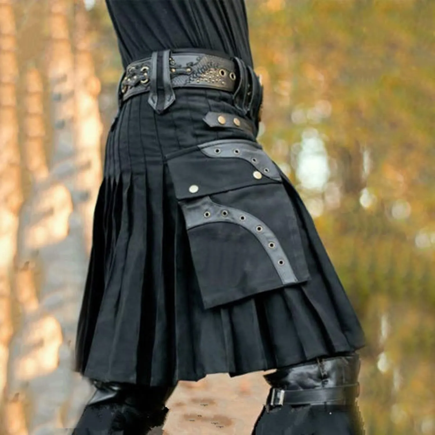 Men Scottish Kilts Scottish Traditional Highland Pleated Skirt Modern Gothic Tactical Plaid Kilts with Cargo Pockets