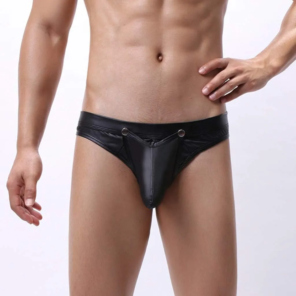 Men Sexy Black Briefs Faux Leather Underwear Funny Front Button Lingerie Low Rise Panties