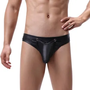 Men Sexy Black Briefs Faux Leather Underwear Funny Front Button Lingerie Low Rise Panties