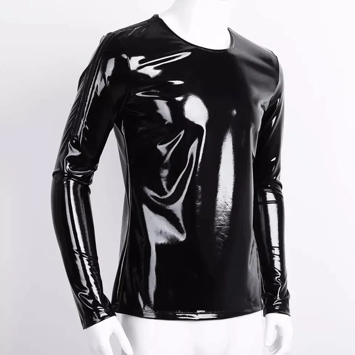 Men Sexy Leather T-Shirt, Plus Size, Glossy, Long Sleeve, Shiny Latex Casual Coat For Male