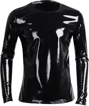 Men Sexy Leather T-Shirt, Plus Size, Glossy, Long Sleeve, Shiny Latex Casual Coat For Male