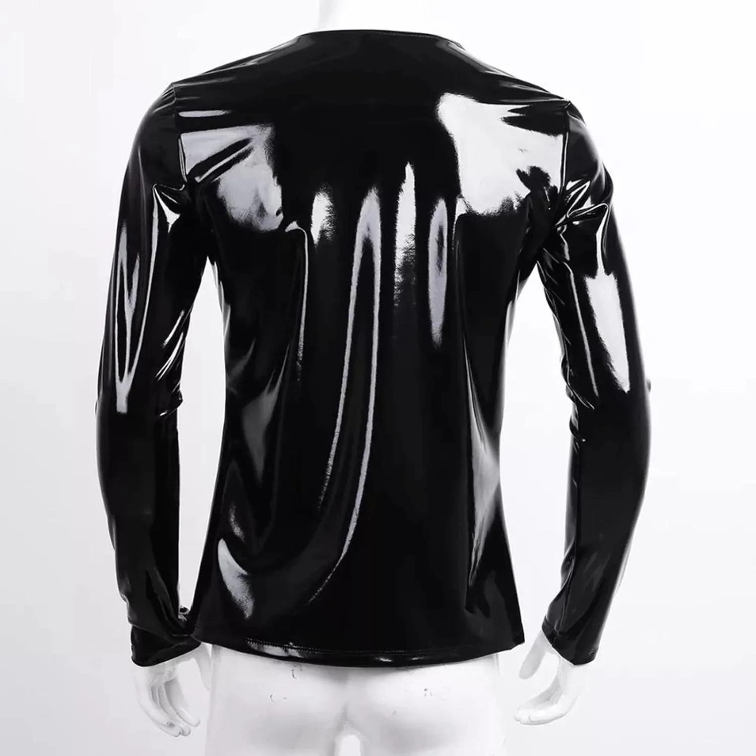 Men Sexy Leather T-Shirt, Plus Size, Glossy, Long Sleeve, Shiny Latex Casual Coat For Male