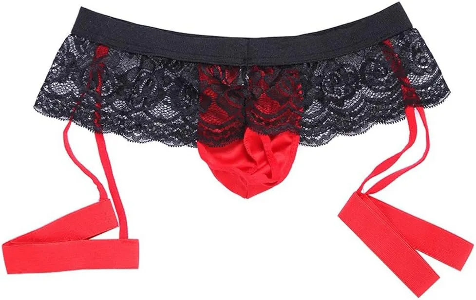 Men Sissy Panties Floral Lace Mesh Bikini Briefs Tirm Bulge Underwear Underpants Pouch Thongs G-string Garter