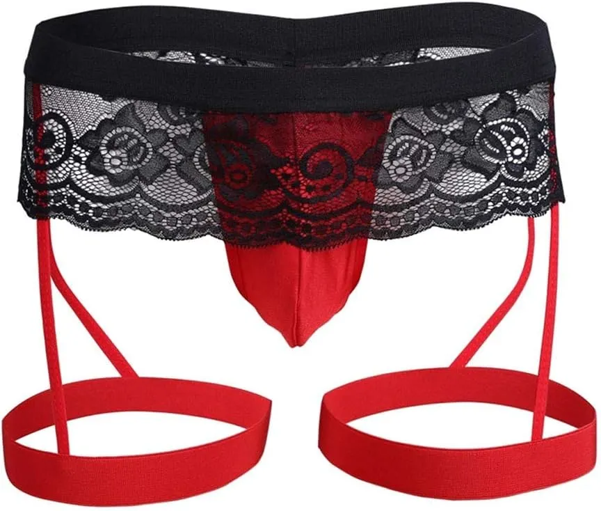 Men Sissy Panties Floral Lace Mesh Bikini Briefs Tirm Bulge Underwear Underpants Pouch Thongs G-string Garter