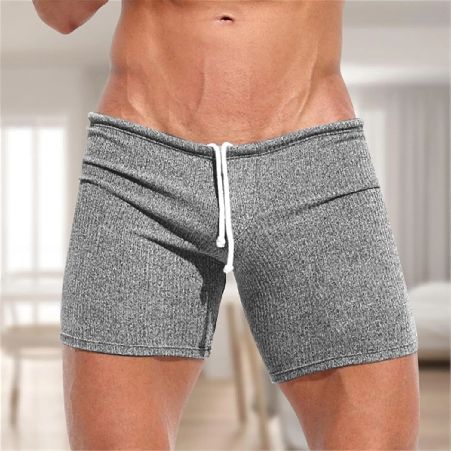 Men Trunks Athletic Gym Shorts Sexy Low Waist Drawstring Fitness Bodybuilding Capris Stretch Muscle Casual Beach Pant