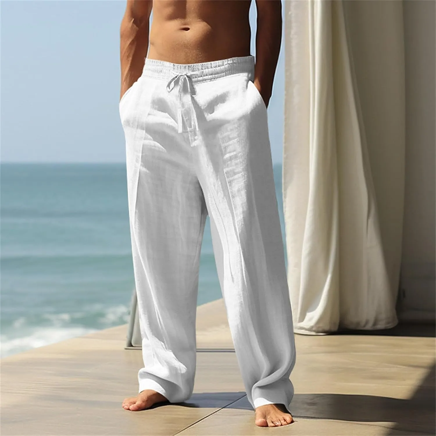 Mens Casual Pants Elastic Waist Drawstring Linen Pants Loose Fit Cotton Linen Summer Beach Trousers with Pockets
