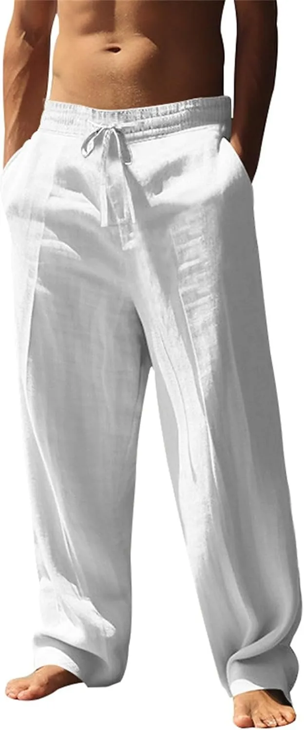 Mens Casual Pants Elastic Waist Drawstring Linen Pants Loose Fit Cotton Linen Summer Beach Trousers with Pockets