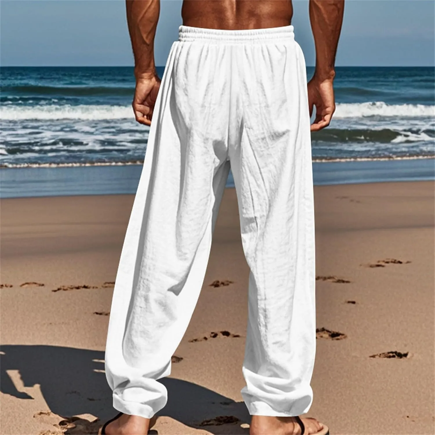Mens Casual Pants Elastic Waist Drawstring Linen Pants Loose Fit Cotton Linen Summer Beach Trousers with Pockets
