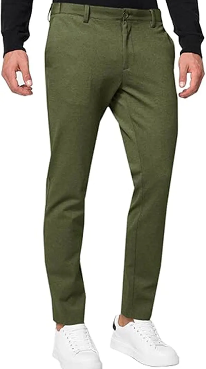 Mens Casual Stretch Chino Pants Slim Fit Expandable Waist Flat Front Khaki Pant Lightweight Golf Trousers with Pocket